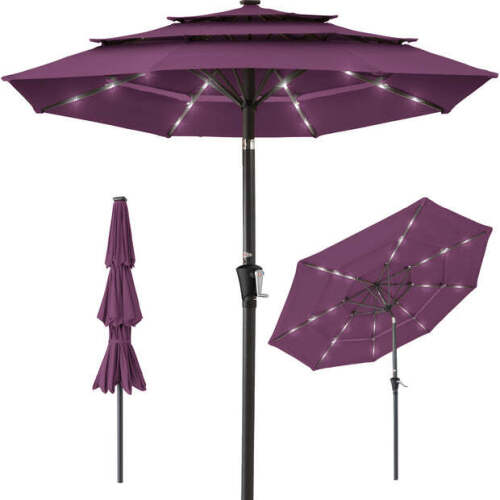 3-Tier Solar Patio Umbrella w/ LED Lights, Tilt Adjustment, Crank - 10ft - Lot 7278