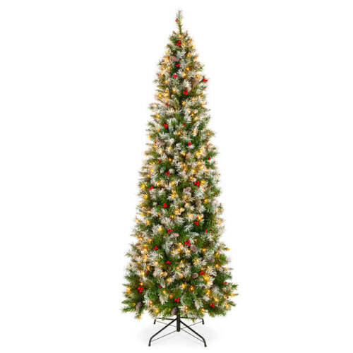 Pre-Lit Partially Flocked Spruce Pencil Tree w/ Berries, Pine Cones 9ft - Lot 7285