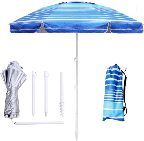 6.5ft Beach Umbrella - Heavy Duty Wind Resistant UV 50+ Portable Sun Shade with Sand Anchor & Carry Bag, Outdoor Folding Umbrella for Beach, Pool, Patio, Garden (Blue Stripe) - Lot 10007