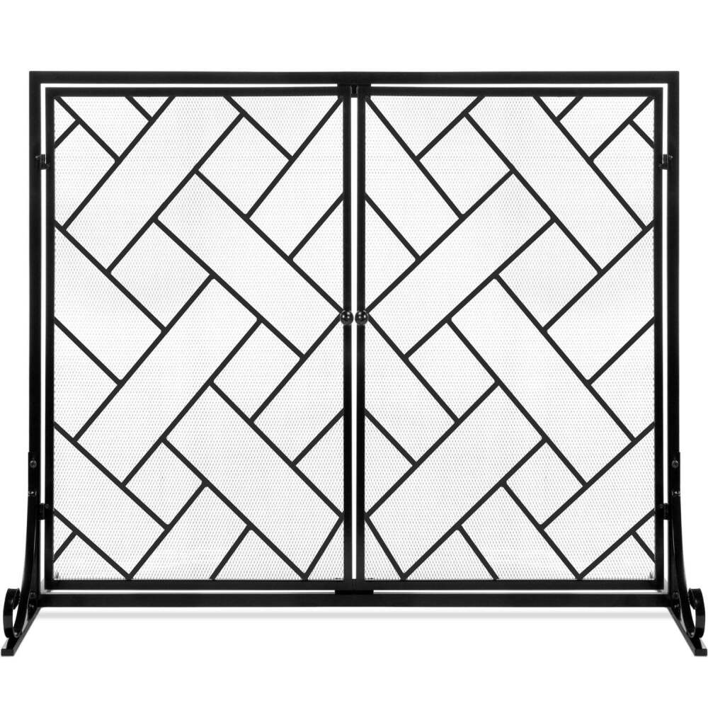 2-Panel Wrought Iron Geometric Fireplace Screen w/ Magnetic Doors - 44x33in - Image 1 - Lot 10034