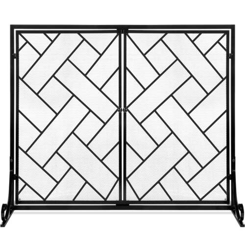 2-Panel Wrought Iron Geometric Fireplace Screen w/ Magnetic Doors - 44x33in - Lot 10034