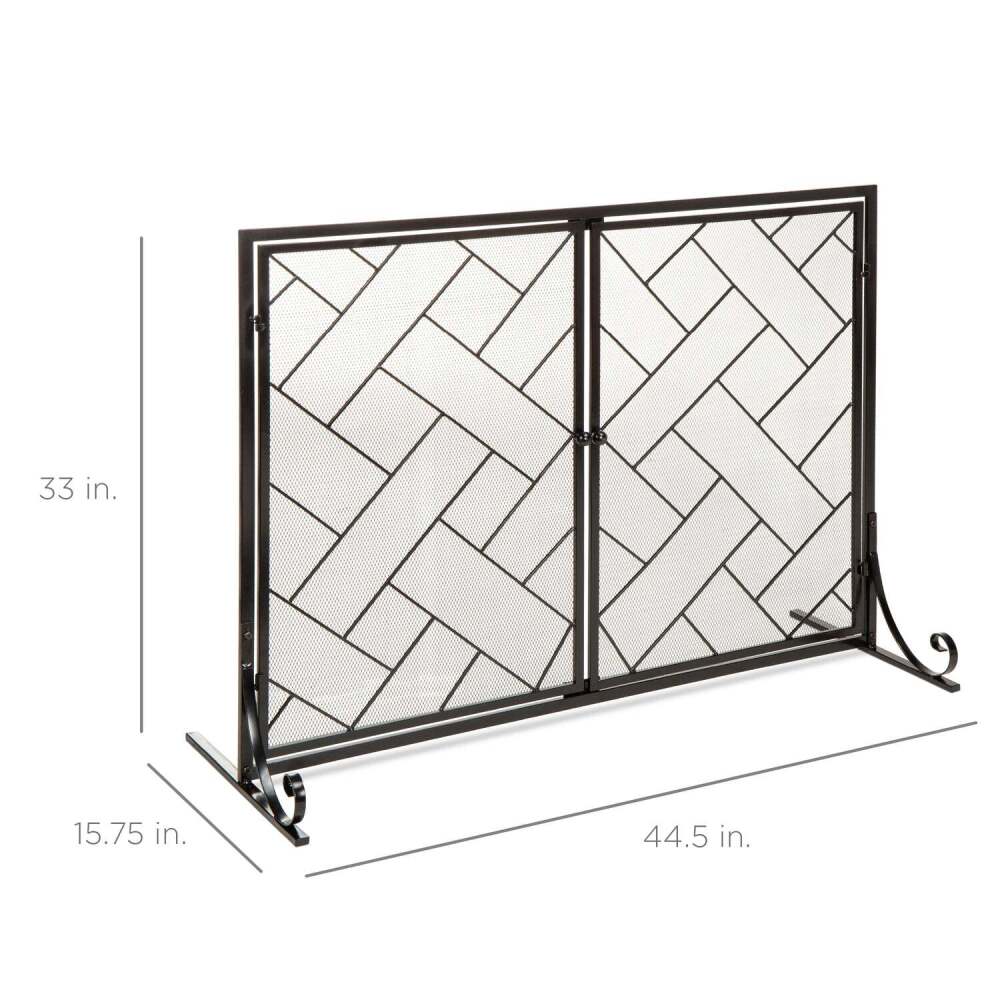 2-Panel Wrought Iron Geometric Fireplace Screen w/ Magnetic Doors - 44x33in - Image 2 - Lot 10034