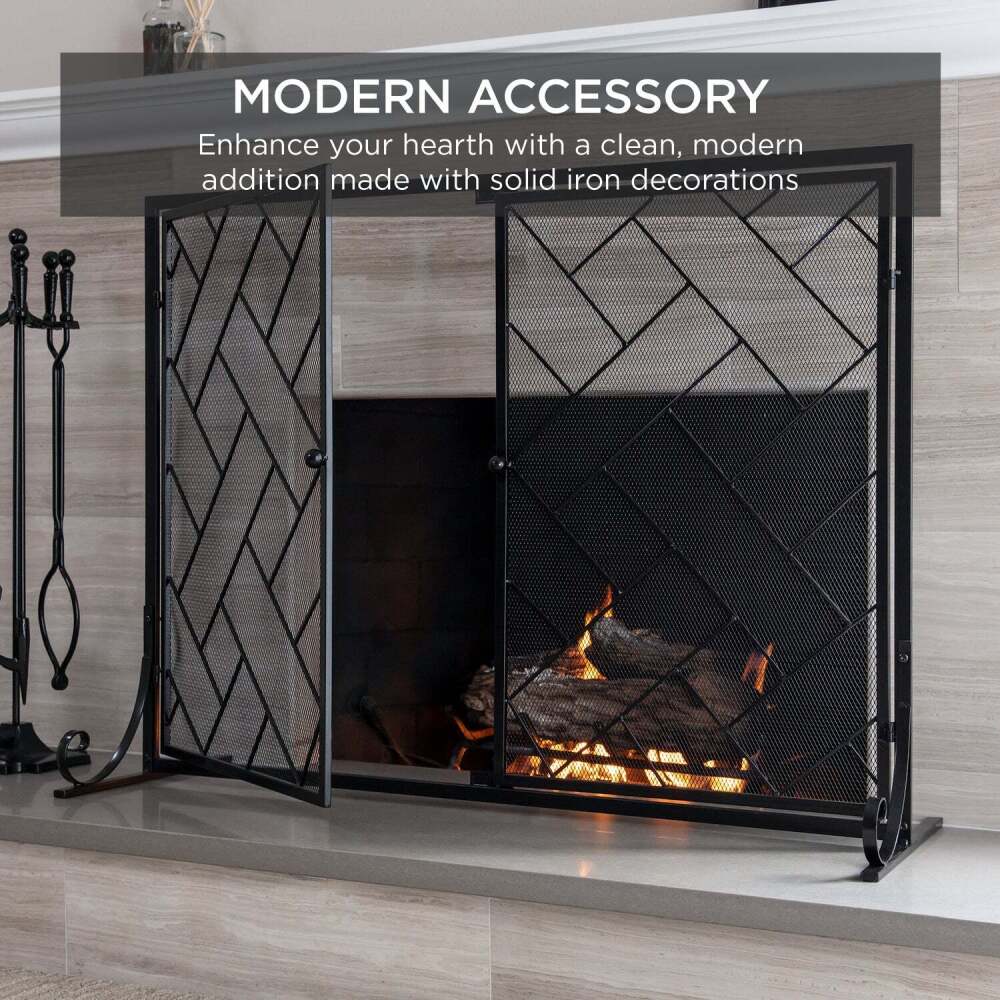 2-Panel Wrought Iron Geometric Fireplace Screen w/ Magnetic Doors - 44x33in - Image 3 - Lot 10034