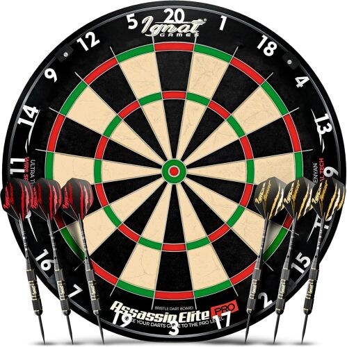 IgnatGames Professional Dart Board Set – Competition-Size Kenyan Sisal Target with Ultra-Thin Spider, 6 Steel Tip Darts, Mounting Kit & Game Accessories - Lot 7135