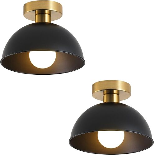2 Pack Semi Flush Mount Ceiling Light with Gold Plate and Matte Black Shade, Farmhouse Ceiling Light Fixture for Kitchen Island Foyer Hallway Porch(2 Pack Black) - Lot 7136