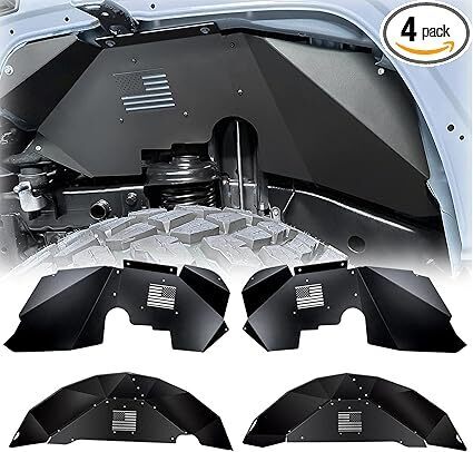 Front & Rear Inner Fender Liner Wheel Well Set Aluminum Mud Guards Fashion Pattern Compatible with Jeep Wrangler JK JKU Unlimited 2007-2018 Black - Lot 7155