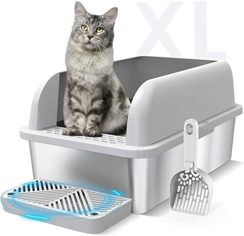Enclosed Stainless Steel Cat Litter Box with Lid Extra Large Litter Box for Big Cats XL Metal Litter Pan Tray with High Wall Sides Enclosure, Non-Sticky, Anti-Leakage, Easy Cleaning - Lot 7156