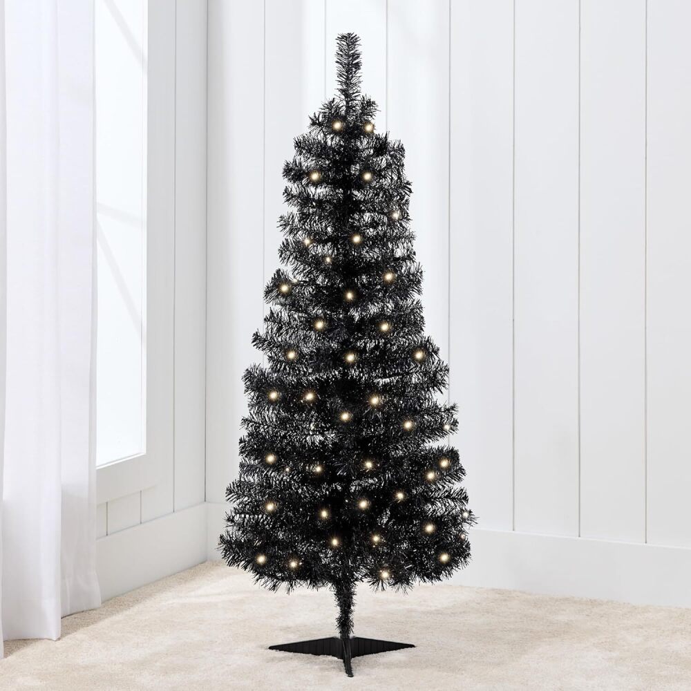 4ft Pre-lit Christmas Tree, Artificial Mini Tree Perfect for Kids, Apartments, Bedroom with Twinkling LED Lights - Black Tinsel - Image 1 - Lot 7318