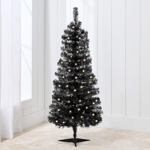 4ft Pre-lit Christmas Tree, Artificial Mini Tree Perfect for Kids, Apartments, Bedroom with Twinkling LED Lights - Black Tinsel - Lot 7318