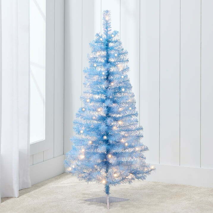 4ft Prelit Colored Christmas Tree, Artificial Tree Holiday Decor w/ LED Lights - Baby Blue Tinsel - Image 1 - Lot 7319