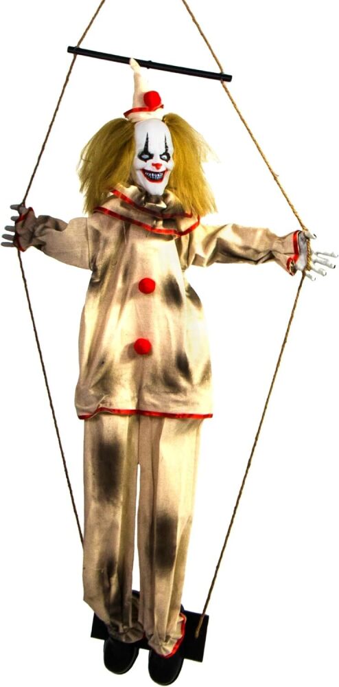 Haunted Hill Farm Scary Swinging Talking Clown Animatronic with Touch Activated Lights and Sounds, Battery Operated Indoor or Covered Outdoor Decoration, Creepy Halloween Prop - Image 1 - Lot 7325