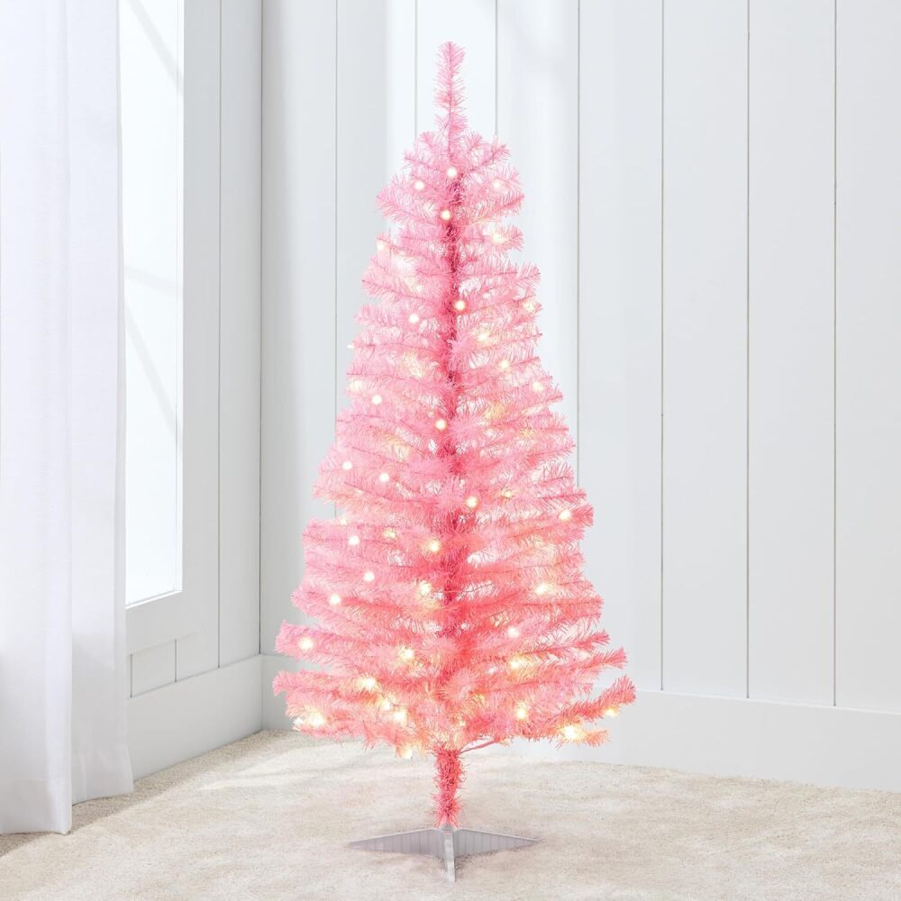 4ft Pre-lit Christmas Tree, Artificial Mini Tree Perfect for Kids, Apartments, Bedroom with Twinkling LED Lights - Pink Tinsel - Image 1 - Lot 7334