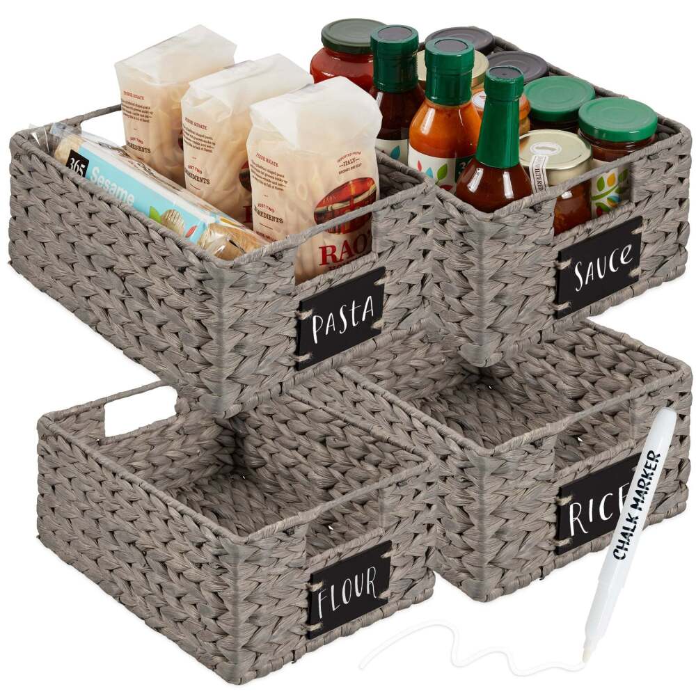 Set of 4 Water Hyacinth Pantry Baskets w/ Chalkboard, Marker - 12in - Image 1 - Lot 7340