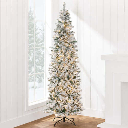 Pre-Lit Snow Flocked Artificial Pencil Christmas Tree - Lot 7348