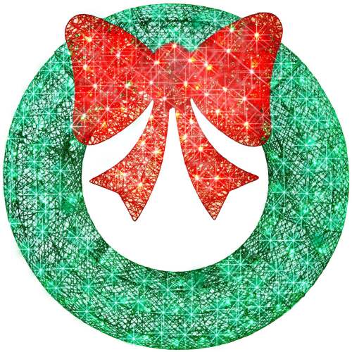 Pre-Lit Outdoor Christmas Wreath, LED Metal Holiday Decor w/ Bow - 36in - Lot 7366