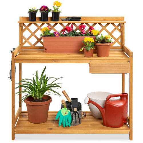 Wooden Garden Potting Bench Workstation w/ Cabinet Drawer, Open Shelf - Lot 10078