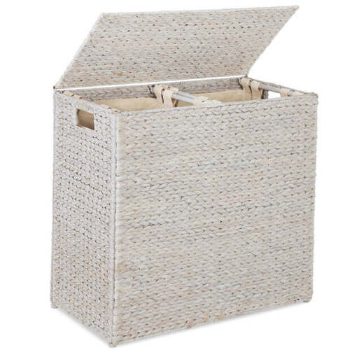Large Water Hyacinth Double Laundry Hamper Basket w/ 2 Liner Bags - Lot 10093