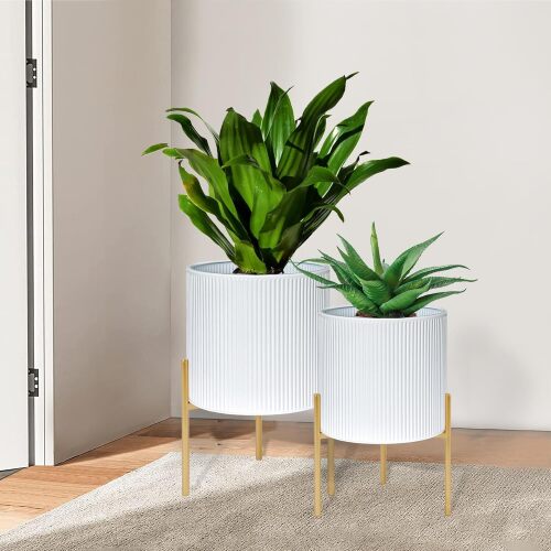 ARNIS Modern Plant Pots, Set of 2 Round Large Planters with Stand, Large Size Metal Pots with Drainage Holes for Living Room, Office, Garden or Balcony, 10.5 &12.25 Inch, White & Gold - Lot 10094
