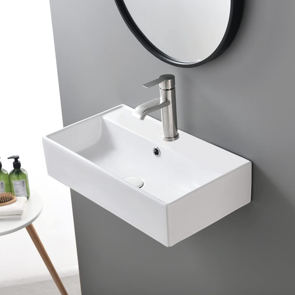 SHACO Wall Mount Bathroom Sink, 21x12 Inch Small Bathroom Sink with Wall Mount Screw, Commercial Wall Hung Floating Sink White Single Hole Lavatory Powder Room Washroom - Image 1 - Lot 10095