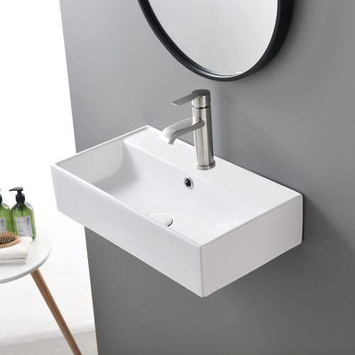 SHACO Wall Mount Bathroom Sink, 21x12 Inch Small Bathroom Sink with Wall Mount Screw, Commercial Wall Hung Floating Sink White Single Hole Lavatory Powder Room Washroom - Lot 10095