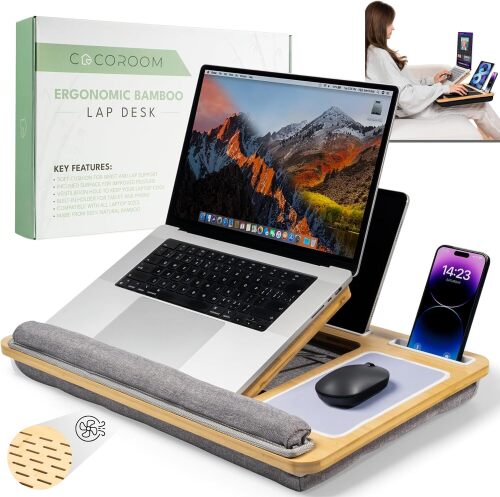 Lap Desk for Laptop – Bed Desk Tray Table with Cushion, 5 Angles, Phone & Tablet Holder, Mouse Pad & Ventilation – Laptop Stand, Lap Table, Couch Desk for 15”-17” Laptops (Gray) - Lot 10099