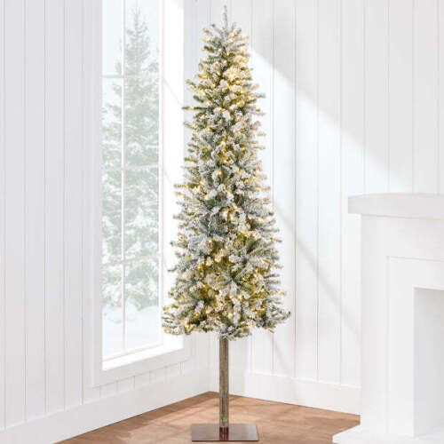 Pre-Lit Flocked Alpine Slim Pencil Christmas Tree w/ LED Lights, Stand - Lot 7539