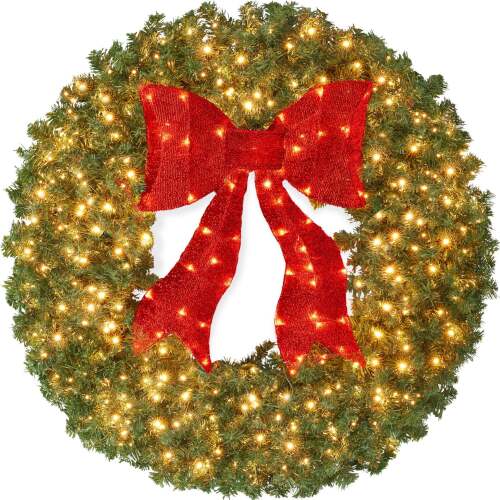 Pre-Lit Artificial Fir Christmas Wreath w/ Red Bow, LED Lights - Lot 7538