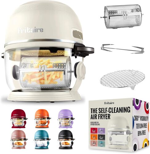 Fritaire Air Fryer - Glass AirFryer 5 Quart w/ 360 Visibility, Self-Cleaning, 400F Vortex Air Fryer for Even Cooking, BPA-Free Teflon Free, 6-in-1 Functions, Rotisserie, Roast, Bake, White - Lot 7556