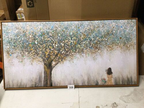 Aurlan Girl under Tree Art Hand Painted Framed Wall Decor(40"x20"), Large Abstract Yellow Leaves 3D Textured Oil Painting Canvas Artwork, Modern Nature Landscape Art for Office Living Room Bedroom - Lot 7576