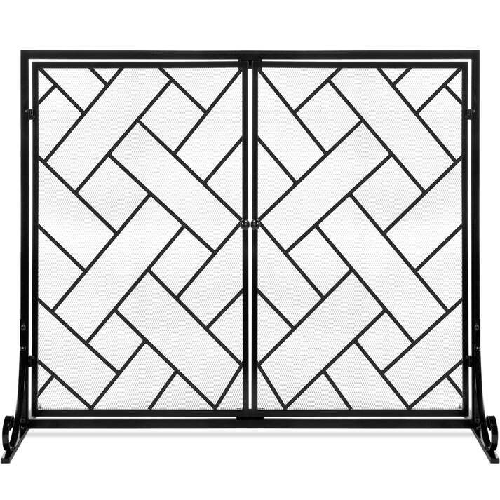 2-Panel Wrought Iron Geometric Fireplace Screen w/ Magnetic Doors - 44x33in - Image 1 - Lot 68