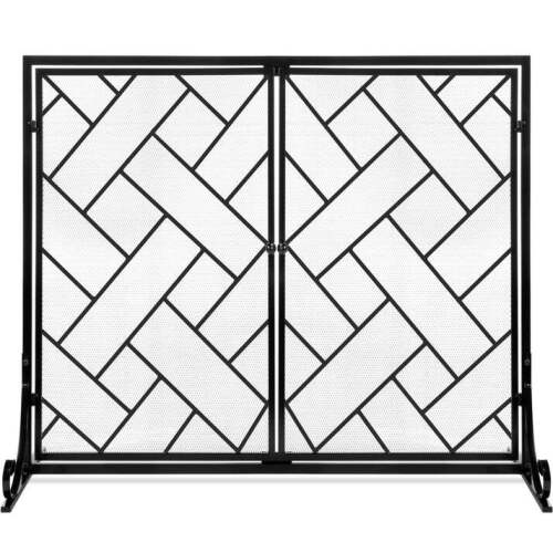 2-Panel Wrought Iron Geometric Fireplace Screen w/ Magnetic Doors - 44x33in - Lot 68