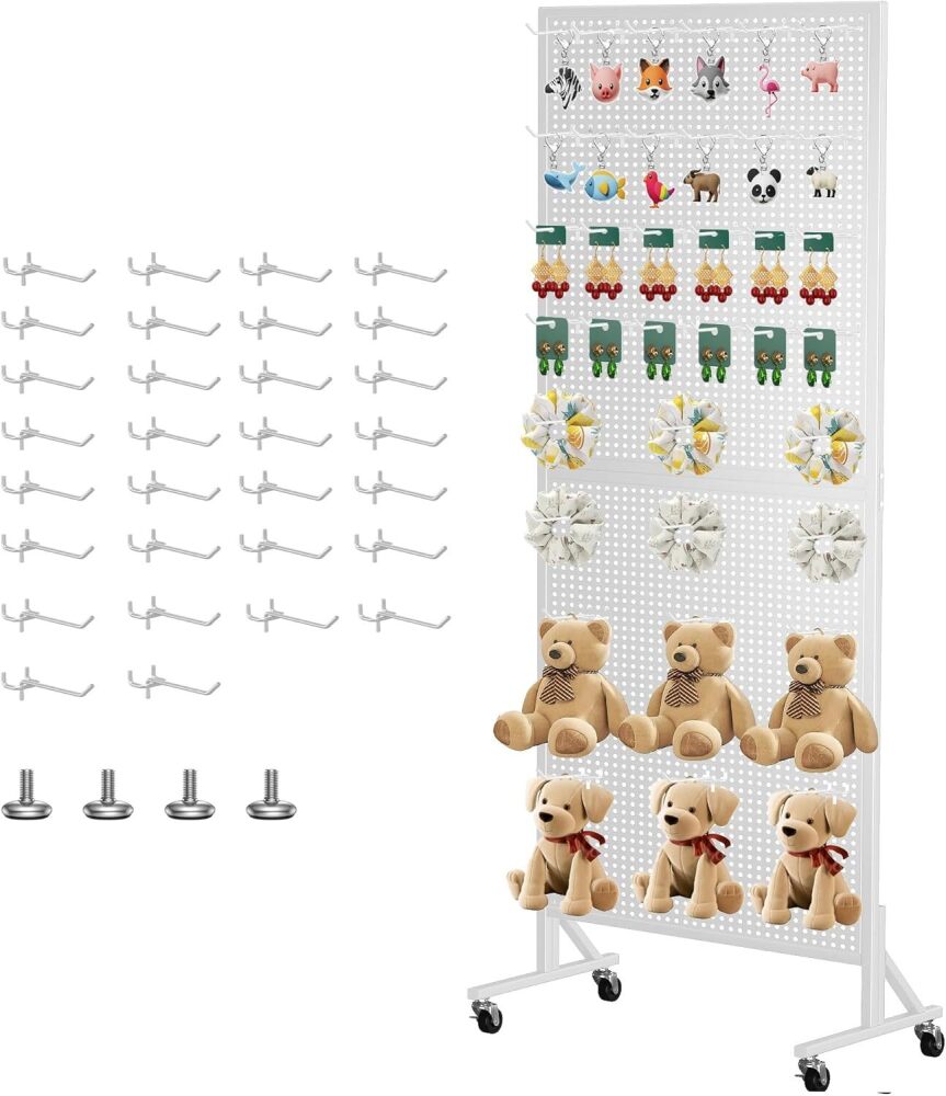 24" X70" Pegboard with Extra 30 Hooks, Metal Pegboard Display Stand with Wheels, Display Rack with Heavy-Duty T-Base for Vendors & Retail, White - Image 1 - Lot 90