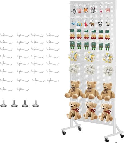 24" X70" Pegboard with Extra 30 Hooks, Metal Pegboard Display Stand with Wheels, Display Rack with Heavy-Duty T-Base for Vendors & Retail, White - Lot 90