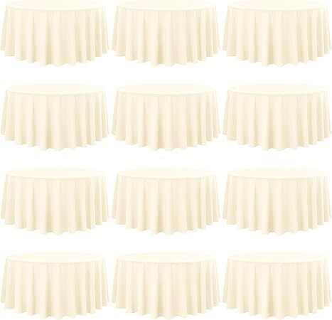 12 Pack 120 Inch Round Tablecloth, Beige Polyester Fabric Table Cloth for Round Table, Washable Tablecover for Wedding Party - Lot 7195