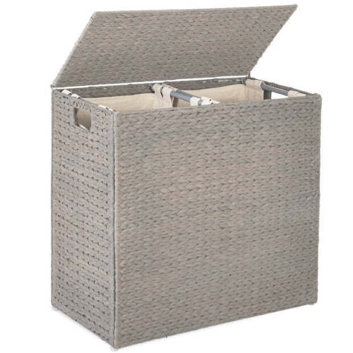 Large Water Hyacinth Double Laundry Hamper Basket w/ 2 Liner Bags - Lot 4621