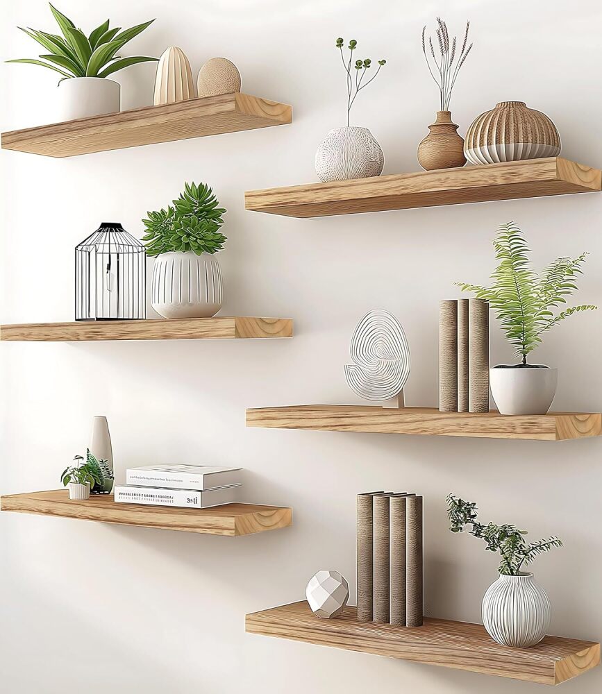 PHPH Wood Floating Shelves for Wall, Wooden Wall Shelves for Bedroom, Set of 6 Light Brown 24 Inch - Image 1 - Lot 7663