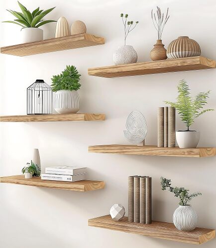PHPH Wood Floating Shelves for Wall, Wooden Wall Shelves for Bedroom, Set of 6 Light Brown 24 Inch - Lot 7663