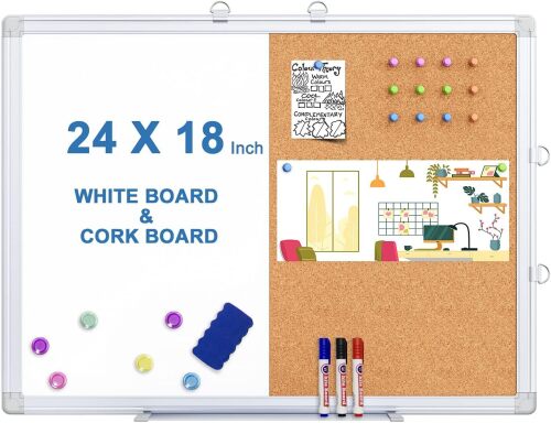 Magnetic White Board and Cork Board Combo, 24 X 18 inches Whiteboard Bulletin Combination Board, Wall Mounted Dry Erase Message Board for Home, School and Office - Lot 7668