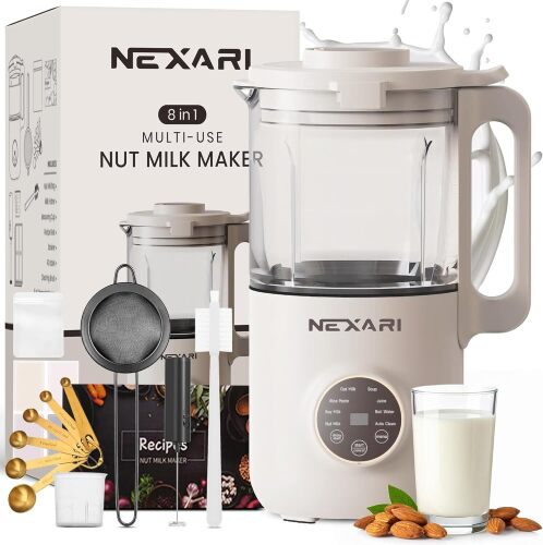 Nexari 8-in-1 Nut Milk Maker Machine – 1.2L Stainless Steel & Glass | Almond, Oat, Soy, Coconut Machine | Blenders | Plant-Based Smoothie Blender, Milk Frother & Milkshake maker | Self-Cleaning - Lot 7647
