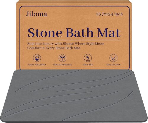 Stone Bath Mat Diatomaceous Earth Shower Mat Non-Slip Super Absorbent Bathroom Floor Mat Quick Drying Natural Easy to Clean (24' x 16" Grey) - Lot 7662