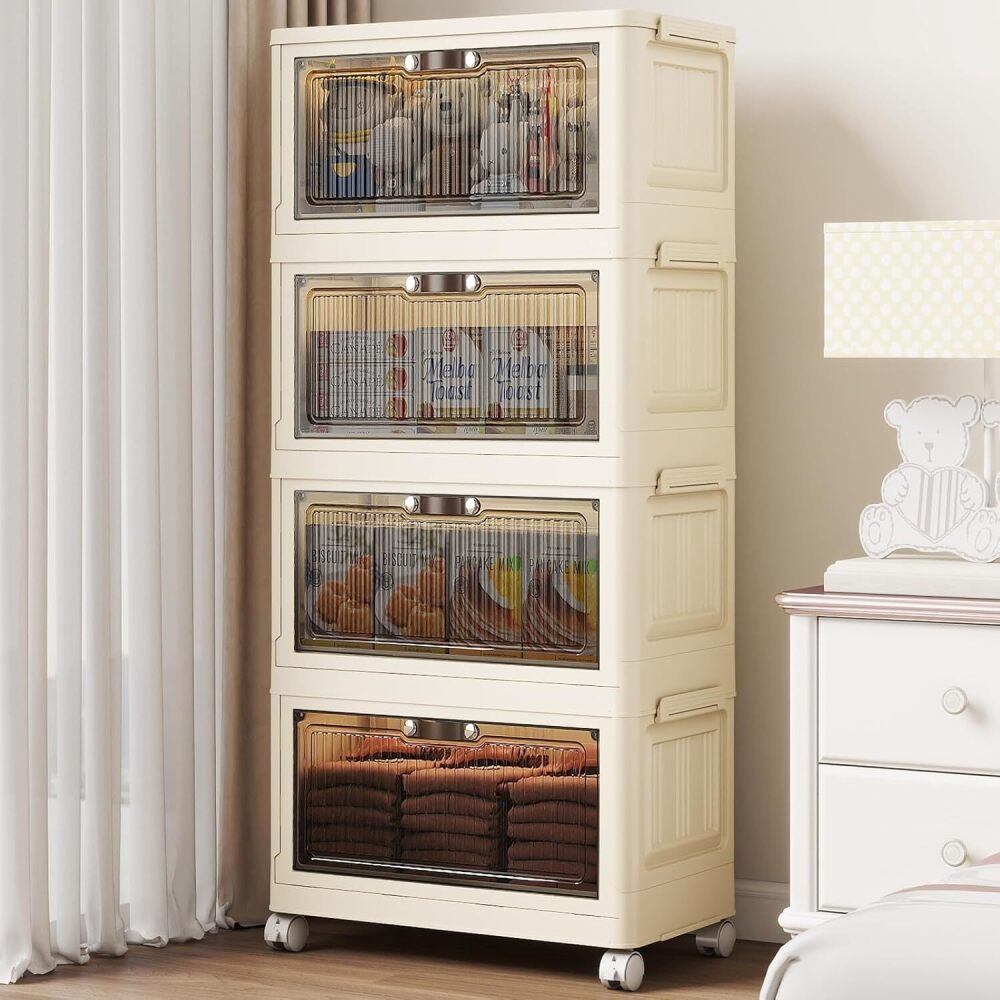 4 Tier - 34QT Storage Bins with Lids, Collapsible Storage Bins with Doors and Wheels, Plastic Storage Cabinet for Easy Storage and Organization for Living Room, Office - Image 1 - Lot 7672