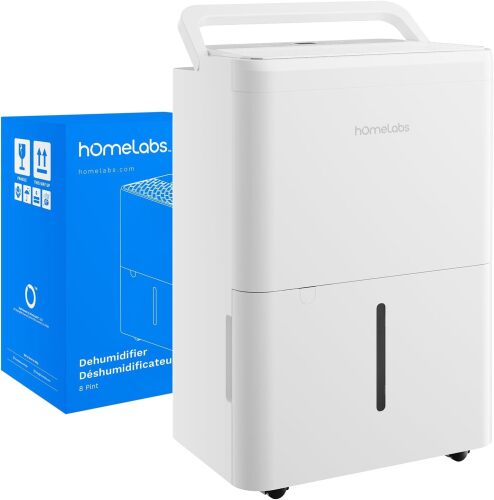 hOmeLabs 8 Pint Wi-Fi Dehumidifier for up to 1,800 Sq Ft Rooms (MAX 24 Pint at 95°F, 90% RH) – Ultra Quiet, Compact Design with Smart Controls and Drain Hose - Lot 7682