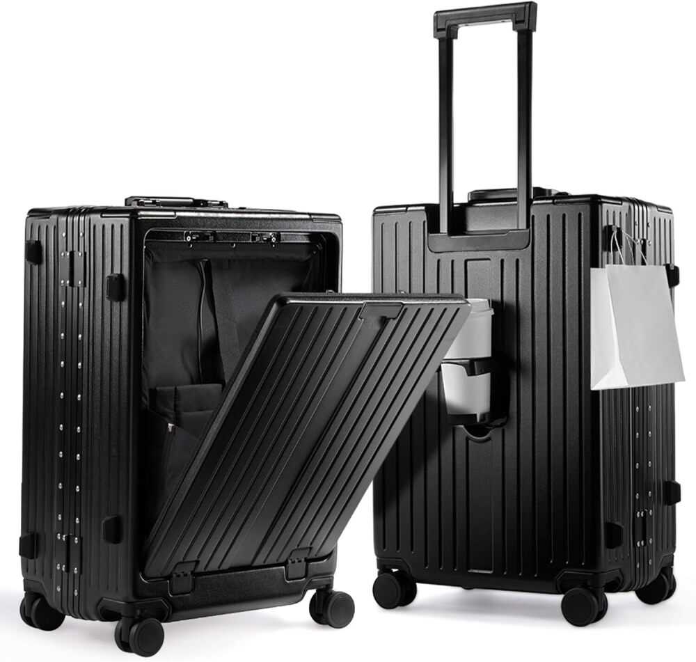 UrbanExplorer 24 Inch Check-In Aluminum Frame Luggage, ABS+PC Hard Shell Suitcases with Spinner Wheels TSA Approved Checked Luggage, Zipperless Suitcases with Cup Holder, Black - Image 1 - Lot 7687