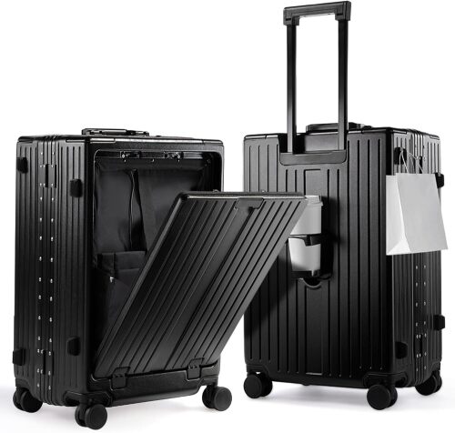 UrbanExplorer 24 Inch Check-In Aluminum Frame Luggage, ABS+PC Hard Shell Suitcases with Spinner Wheels TSA Approved Checked Luggage, Zipperless Suitcases with Cup Holder, Black - Lot 7687