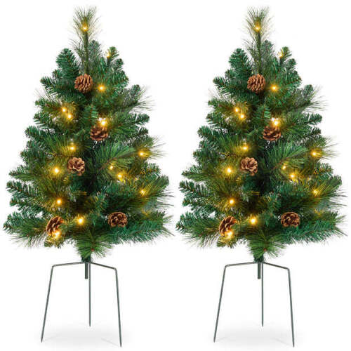 Set of 2 Pre-Lit Pathway Christmas Trees w/ Pine Cones, Timer - 24.5in - Lot 7400