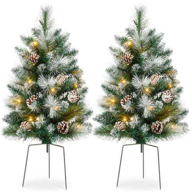 Set of 2 Pre-Lit Pathway Christmas Trees w/ Pine Cones, Timer - 24.5in - Image 1 - Lot 7408