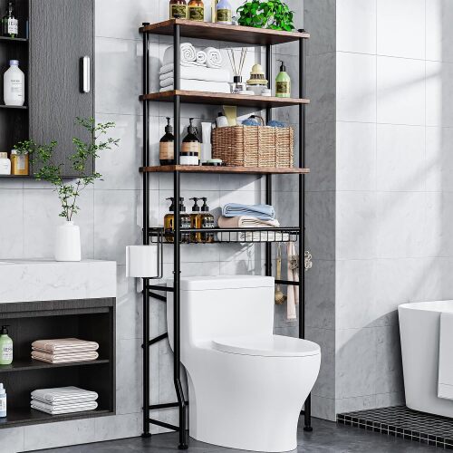 Over-The-Toilet Storage Shelf,4-Tier Bathroom Organizer Cabinet Rack And Storage Over Toilet With Shelf Waterproof Feet Pad And Basket,Multifunctional Space Saver Freestanding Bathroom Shelves（Brown） - Lot 7705
