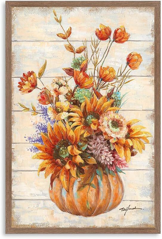 Sunflower Kitchen Pictures Wall Decor: Dark Brown Wood Grain Vintage Inspirational Wooden Background Sun floral Vase Print for Girls' Bedroom Yellow Blooming Flowers Framed (16"x24"x1 Panel) - Image 1 - Lot 7740