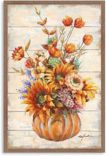 Sunflower Kitchen Pictures Wall Decor: Dark Brown Wood Grain Vintage Inspirational Wooden Background Sun floral Vase Print for Girls' Bedroom Yellow Blooming Flowers Framed (16"x24"x1 Panel) - Lot 7740