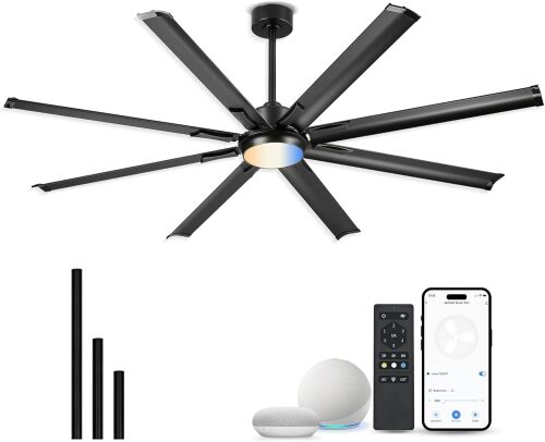 72 Inch Ceiling Fan With Light,Industrial Ceiling Fan With 8 Aluminium Metal Blades,Smart Fan Work with Alexa,Garage Indoor/Outdoor Fan For Living Room and Patio,CF04BK-72 - Lot 7745
